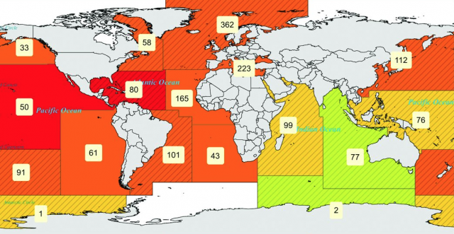 Map of world oceans, color coded by stock status.